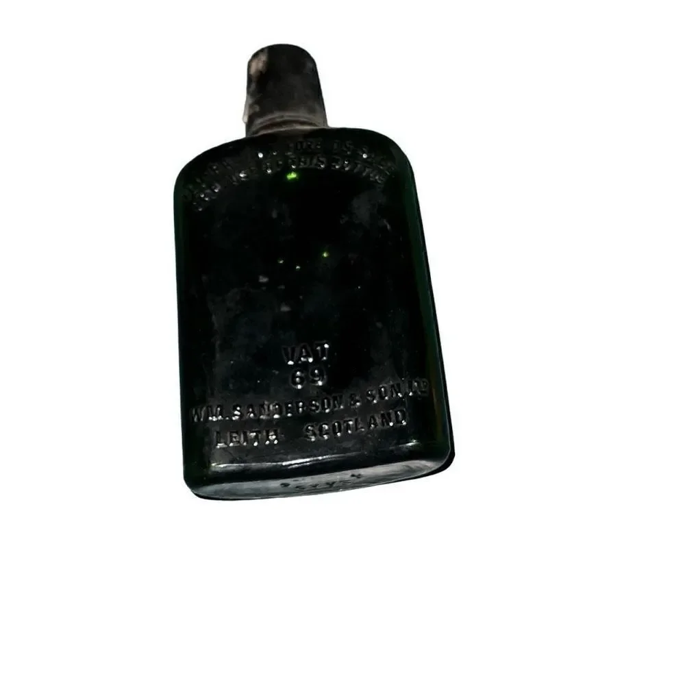 Antique Leith Scotland Black Glass Sanderson & Son Liquor Bottle Size 7” x 3.5”